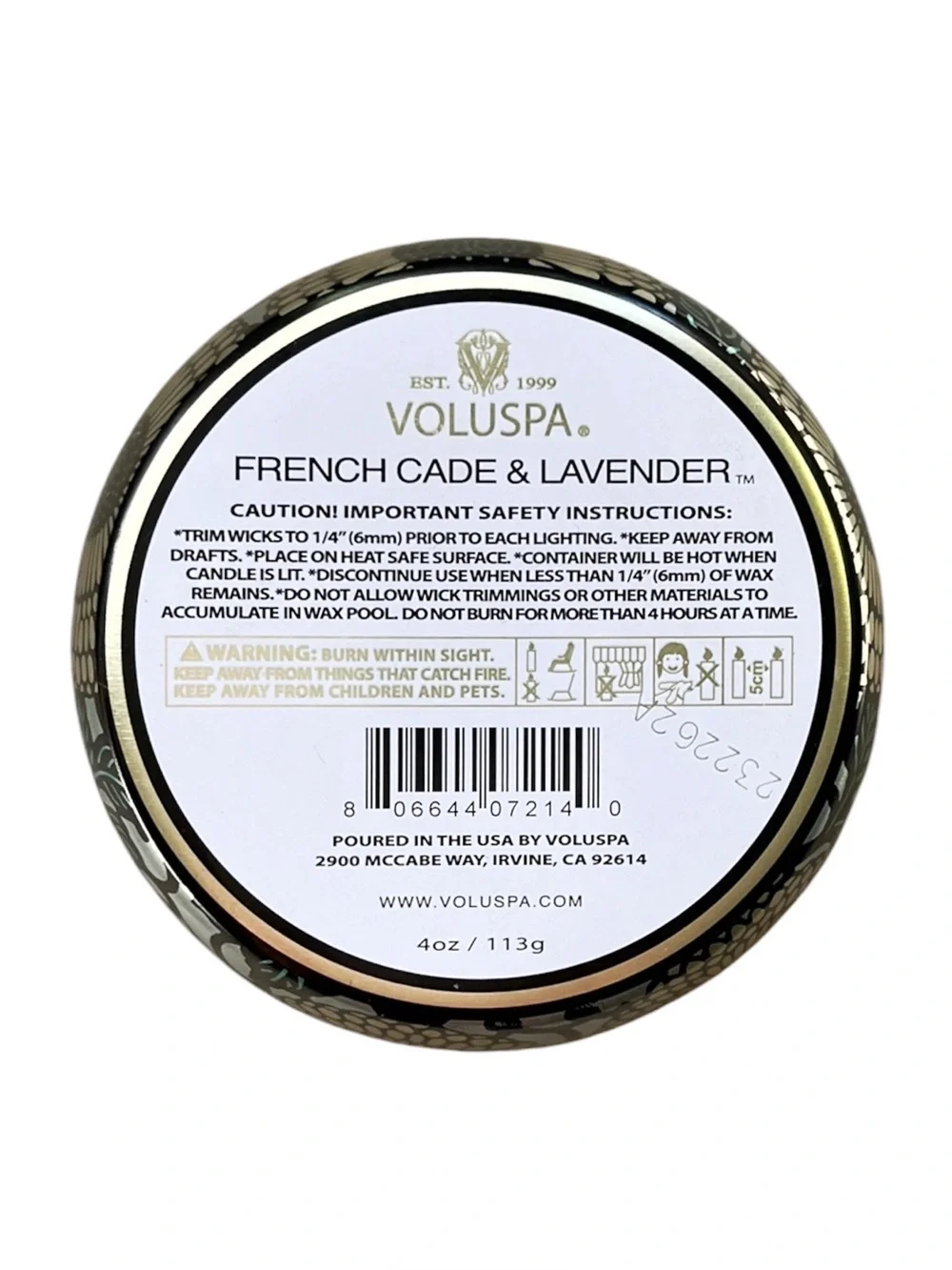 NEW Voluspa FRENCH CADE LAVENDER Mini Tin Candle, 4 oz
